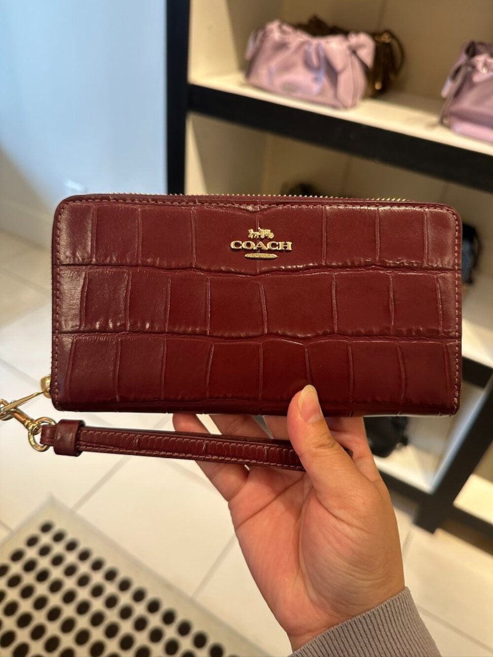 NWT! Coach CT083 Women's Long Zip Around Wallet Wine Crocodile Embossed Leather